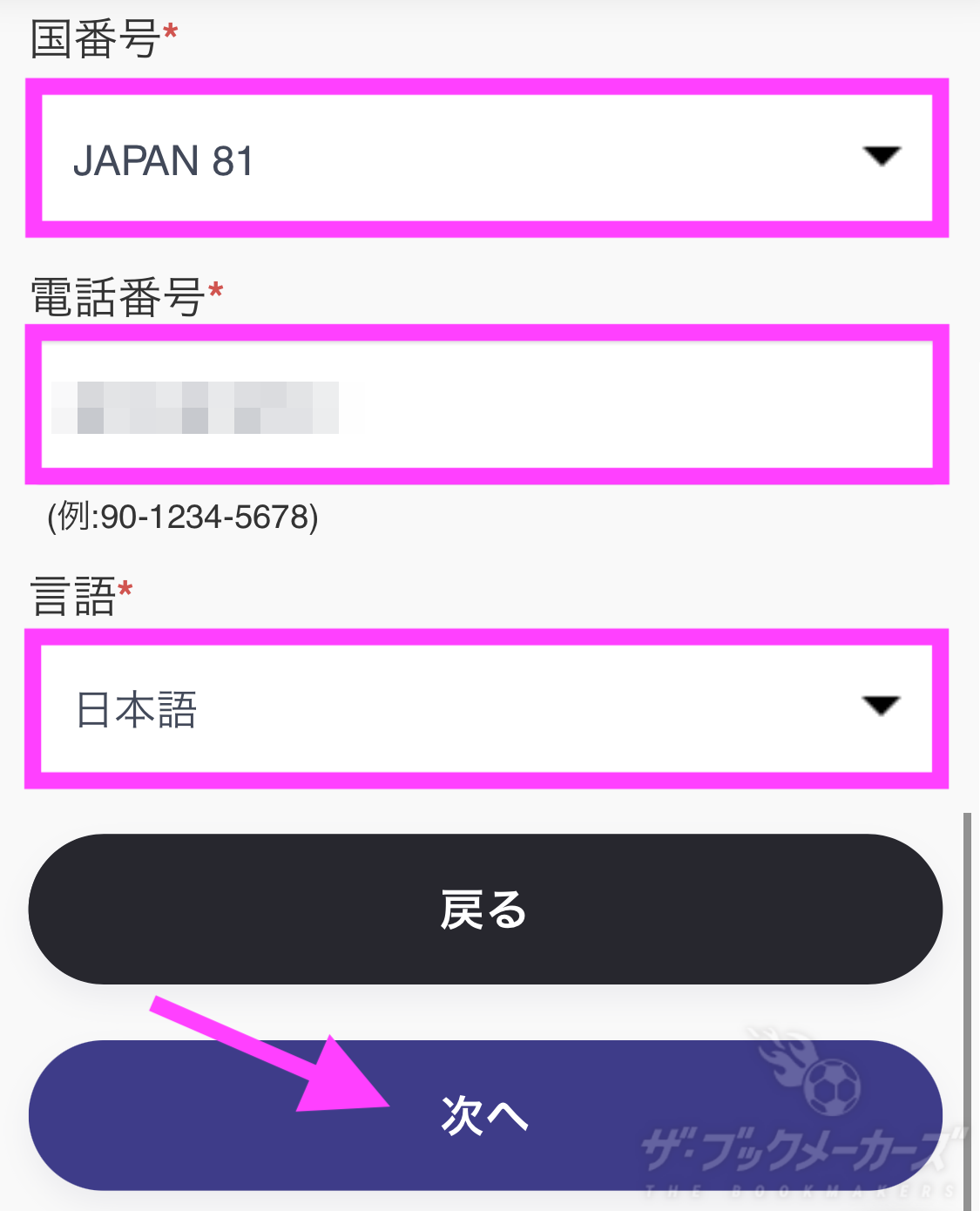 タイガーペイの本人確認、電話番号を入力