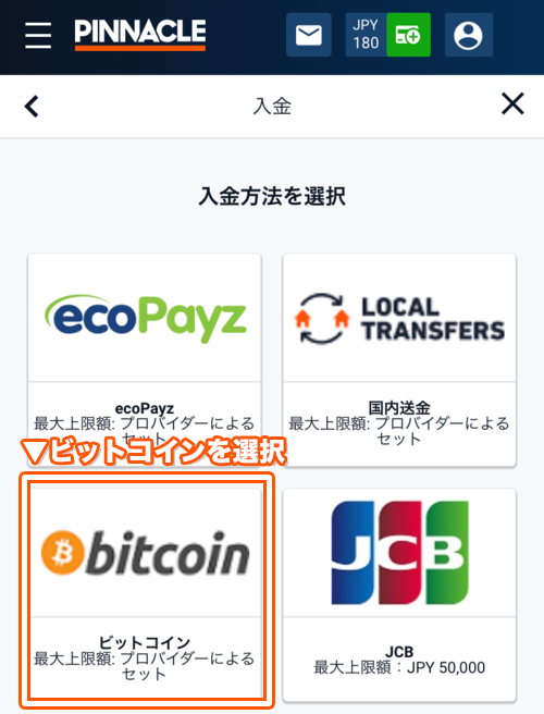 キャッシャーからビットコインを選択